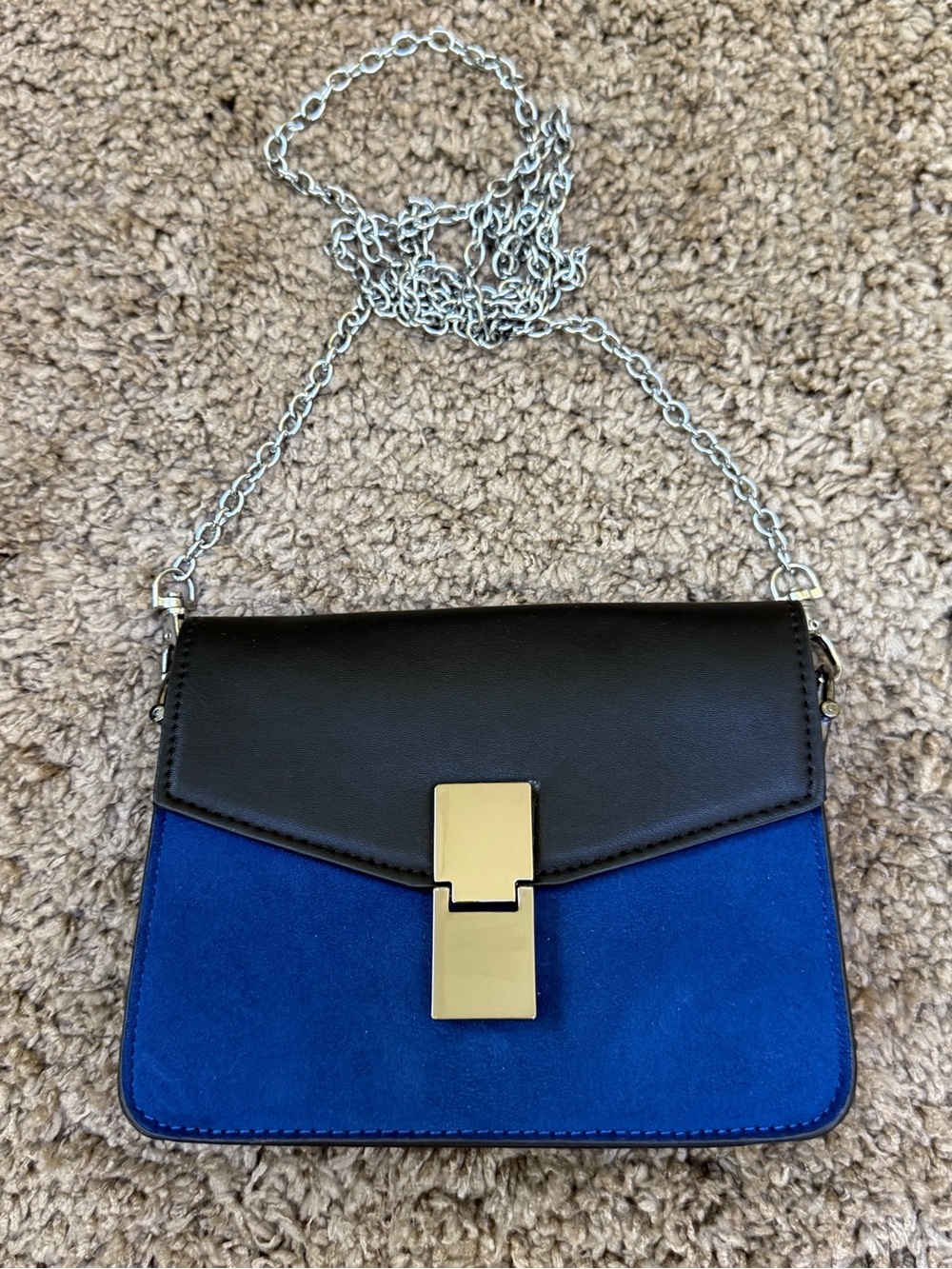 Two-Tone Black and Royal Blue Chain Crossbody Bag with Gold Hardware